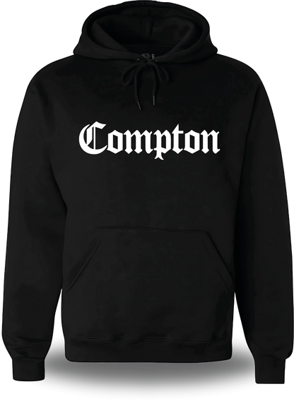 Sweatshirt à capuche noir Compton vu de face, design film, communauté, streetwear, musique