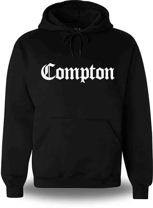 Schwarzer Hoodie „Compton“, Vorderansicht, Motiv: Film, Community, Streetwear und Musik