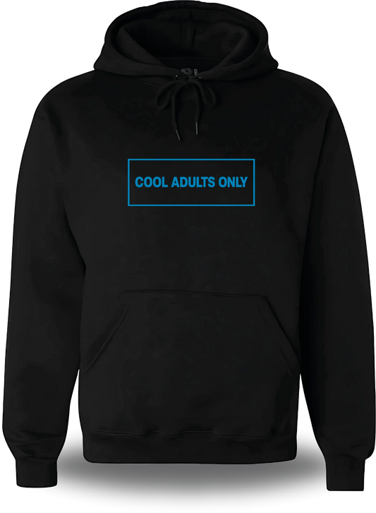 Schwarzer Hoodie „Cool Adults Only“, Vorderansicht, Motiv: Liebe, Humor, Papa und Großeltern