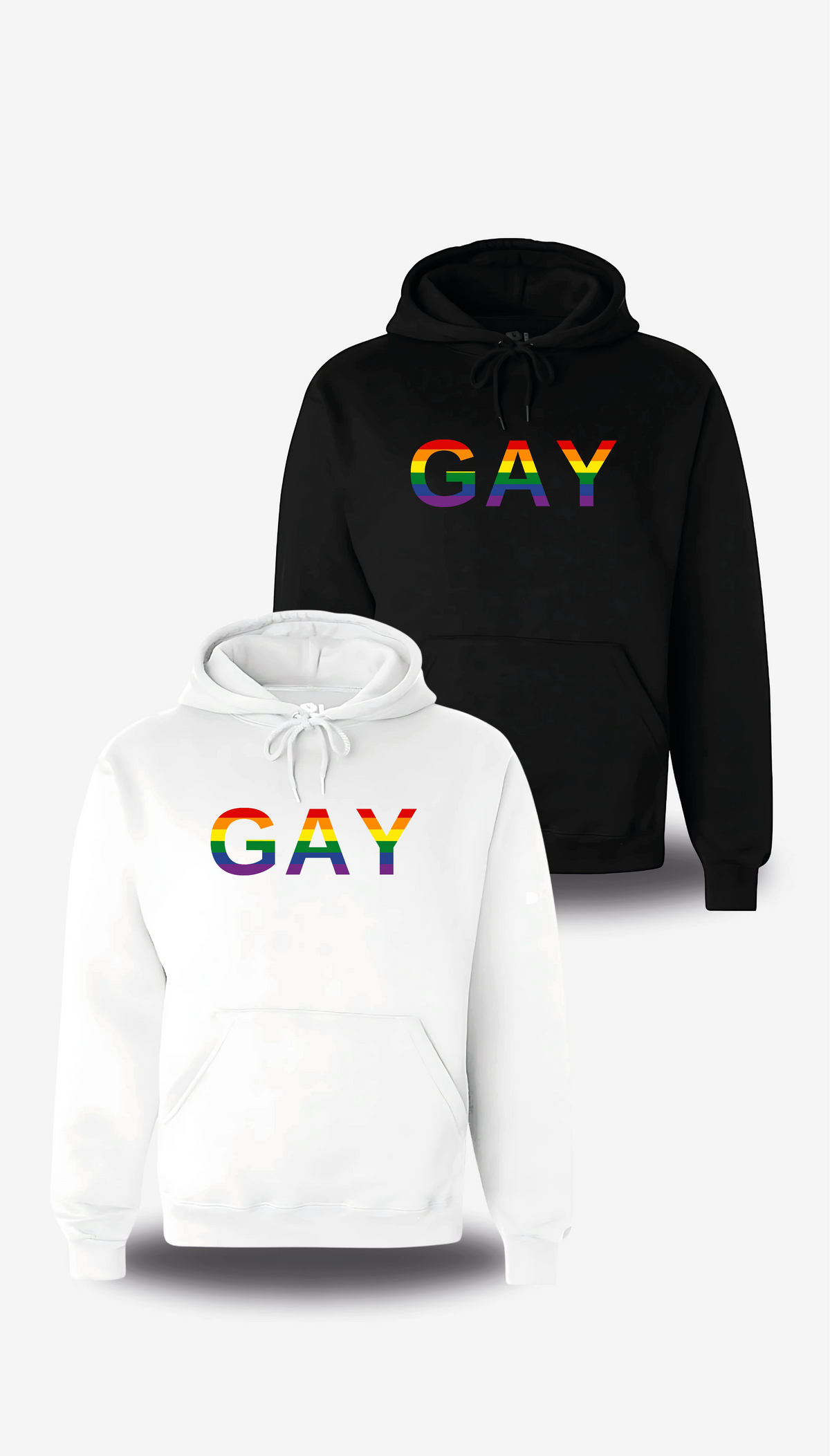Sweatshirt à capuche « Gay » en blanc et noir, vus de face, design communauté et lgbt