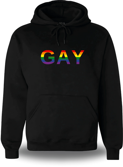 Sweatshirt à capuche noir « Gay » vu de face, design communauté et lgbt