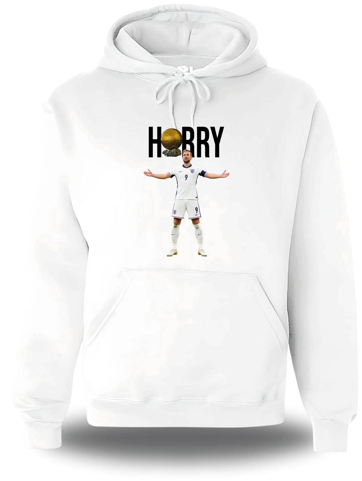 Sweatshirt à capuche blanc « Harry Kane Ballon D'or » vu de face, design sport et football