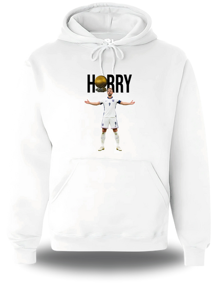 Sweatshirt à capuche blanc « Harry Kane Ballon D'or » vu de face, design sport et football