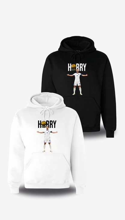 Sweatshirt à capuche « Harry Kane Ballon D'or » en blanc et noir, vus de face, design sport et football