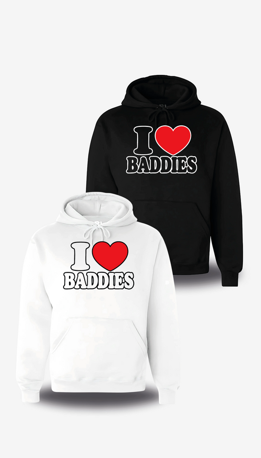 Felpa con cappuccio «I Love Baddies», in bianco e nero, vista frontale, design a tema umorismo e umorismo trash