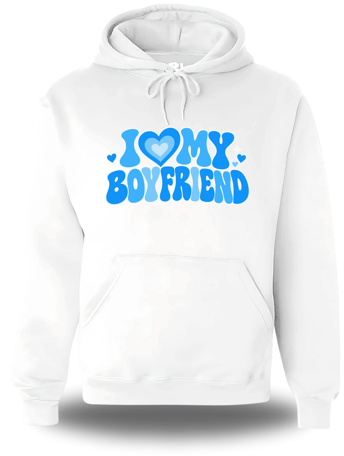 Sweatshirt à capuche blanc « I Love My Boyfriend » vu de face, design amour et couple