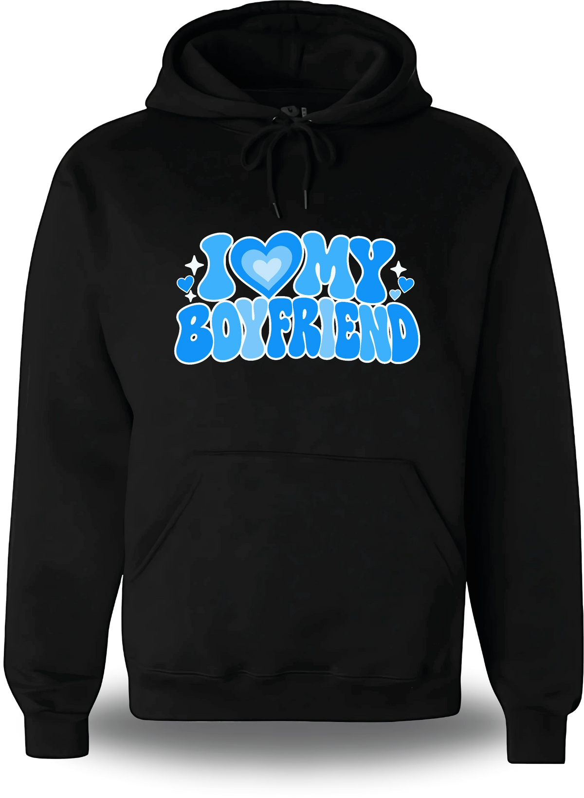 Sweatshirt à capuche noir « I Love My Boyfriend » vu de face, design amour et couple