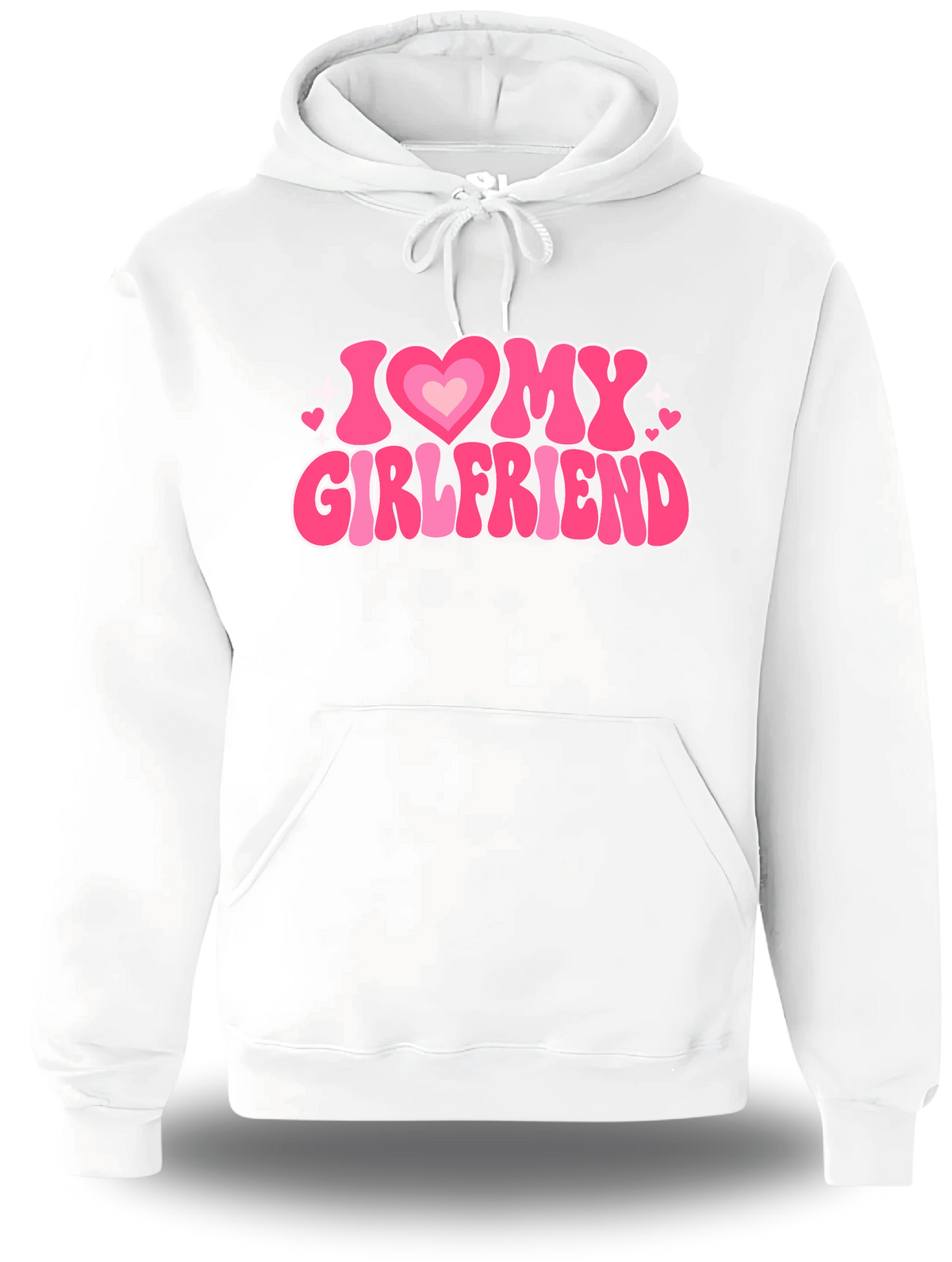 Sweatshirt à capuche blanc « I Love My Girlfriend » vu de face, design amour et couple
