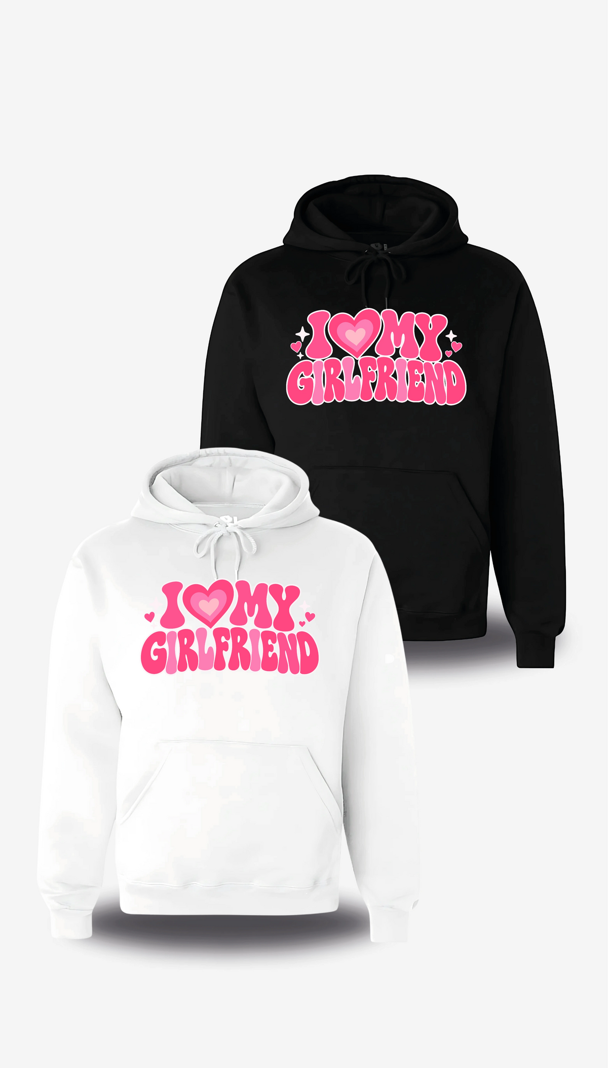 Sweatshirt à capuche « I Love My Girlfriend » en blanc et noir, vus de face, design amour et couple