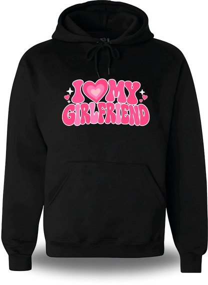 Sweatshirt à capuche noir « I Love My Girlfriend » vu de face, design amour et couple