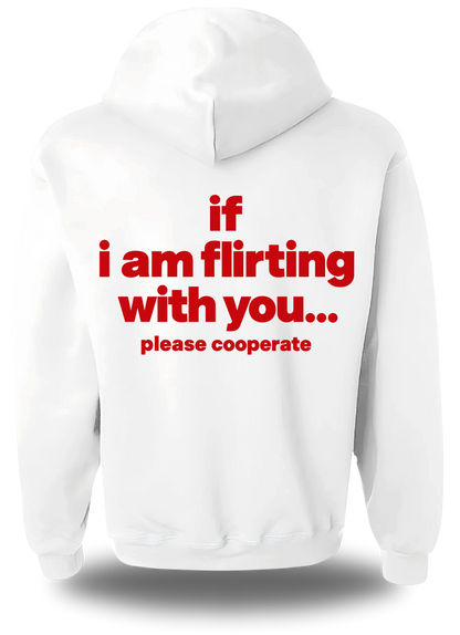 Sweatshirt à capuche blanc If I Am Flirting With You Please Cooperate vu de dos, design humour, humour beauf, humour hot, hot