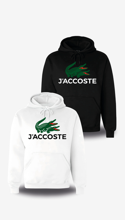 Sweatshirt à capuche J'accoste - Humour en blanc et noir, vus de face, design humour beauf, lacoste, décalé, assumé