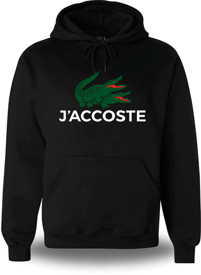 Sweatshirt à capuche noir J'accoste - Humour vu de face, design humour beauf, lacoste, décalé, assumé