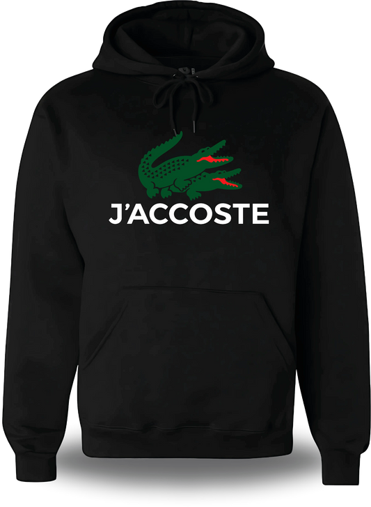 Felpa con cappuccio nera «J'accoste divertente», vista frontale, design a tema umorismo trash e Lacoste