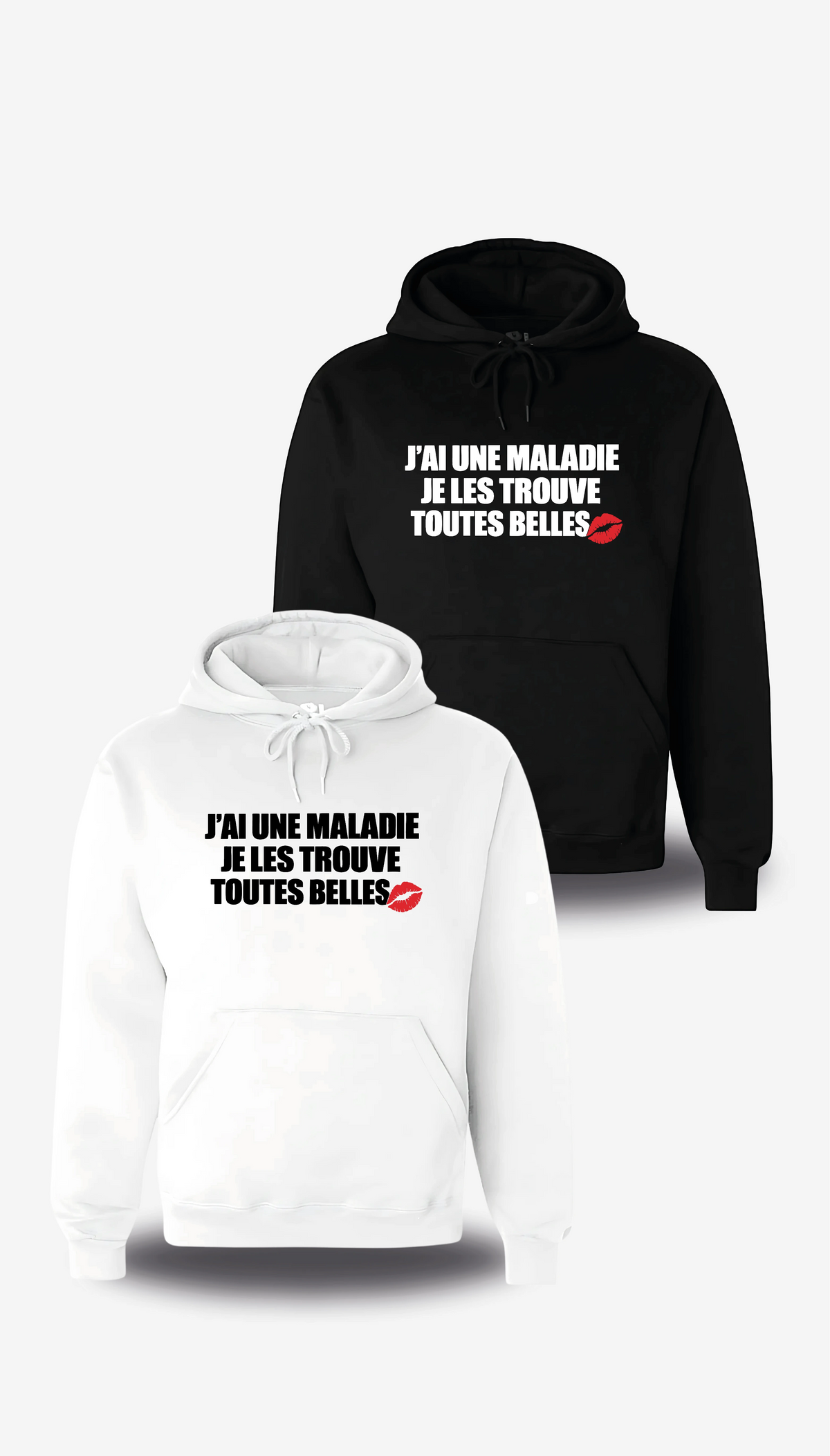 Sweatshirt à capuche Je Les Trouves Toutes Belles en blanc et noir, vus de face, design humour, humour beauf, musique