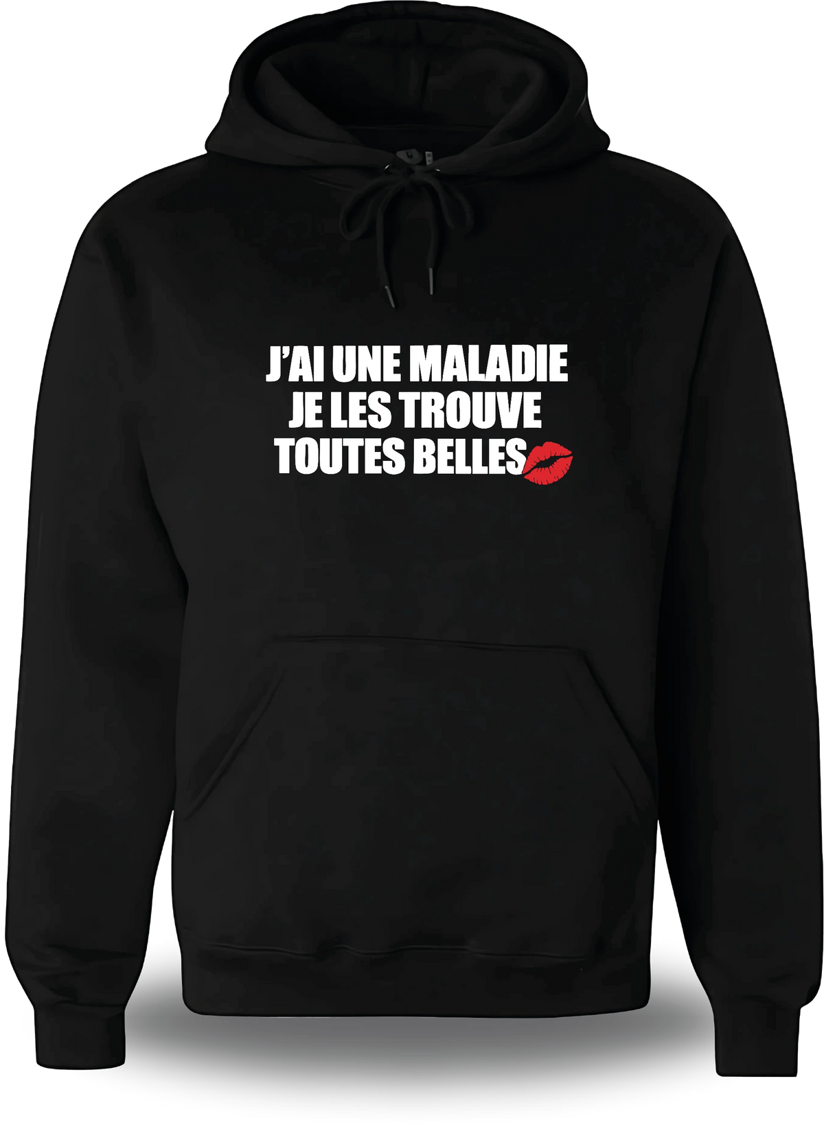 Sweatshirt à capuche noir Je Les Trouves Toutes Belles vu de face, design humour, humour beauf, musique, sexy nana