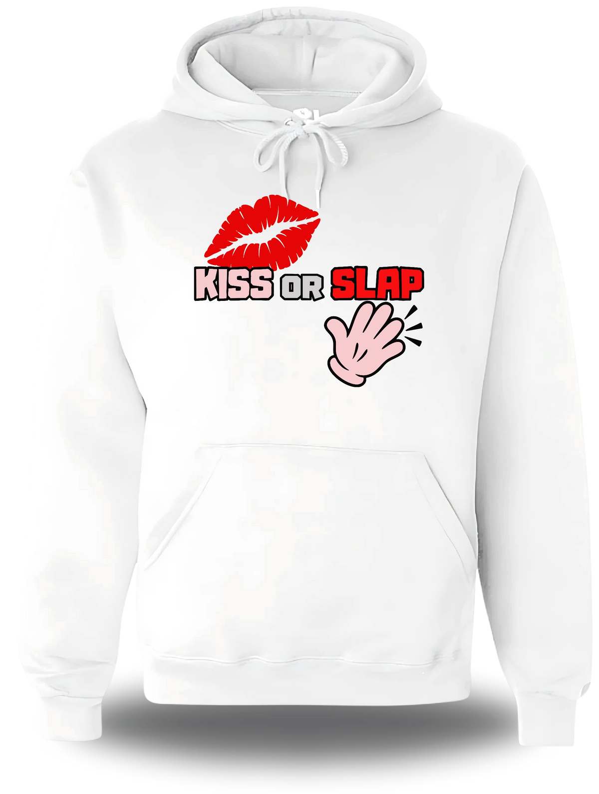 Sweatshirt à capuche blanc Kiss Or Slap vu de face, design humour beauf, punch, audacieux, assument