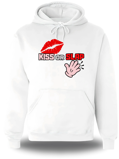 Sweatshirt à capuche blanc Kiss Or Slap vu de face, design humour beauf, punch, audacieux, assument