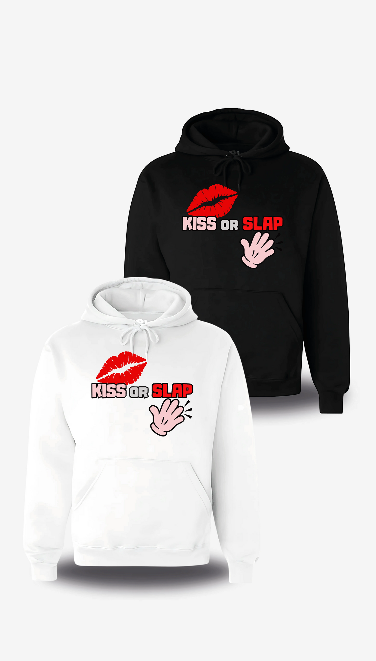 Sweatshirt à capuche Kiss Or Slap en blanc et noir, vus de face, design humour beauf, punch, audacieux, assument