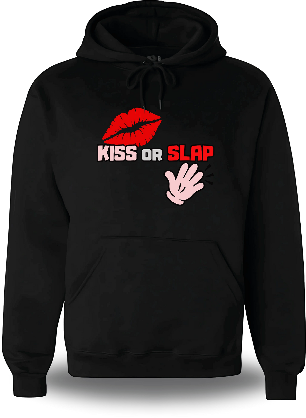 Sweatshirt à capuche noir Kiss Or Slap vu de face, design humour beauf, punch, audacieux, assument