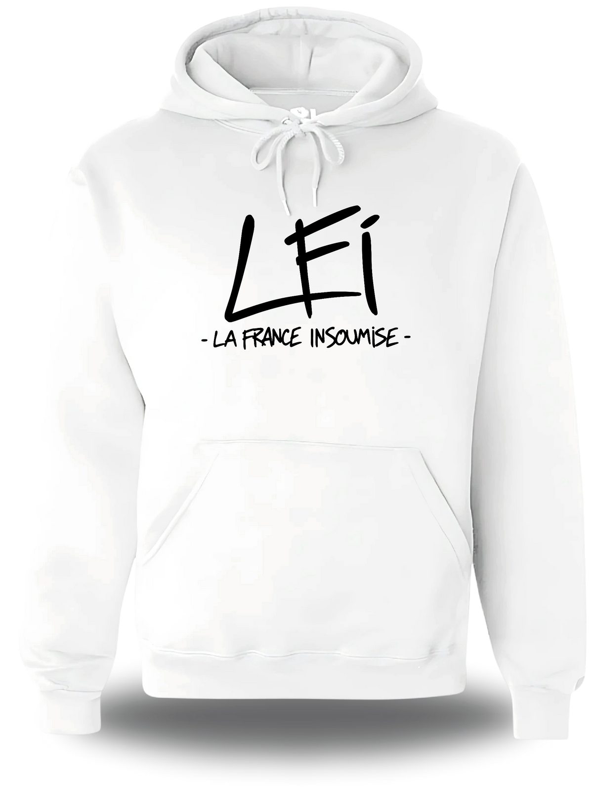 Sweatshirt à capuche blanc « LFI - La France Insoumise » vu de face, design politique et election