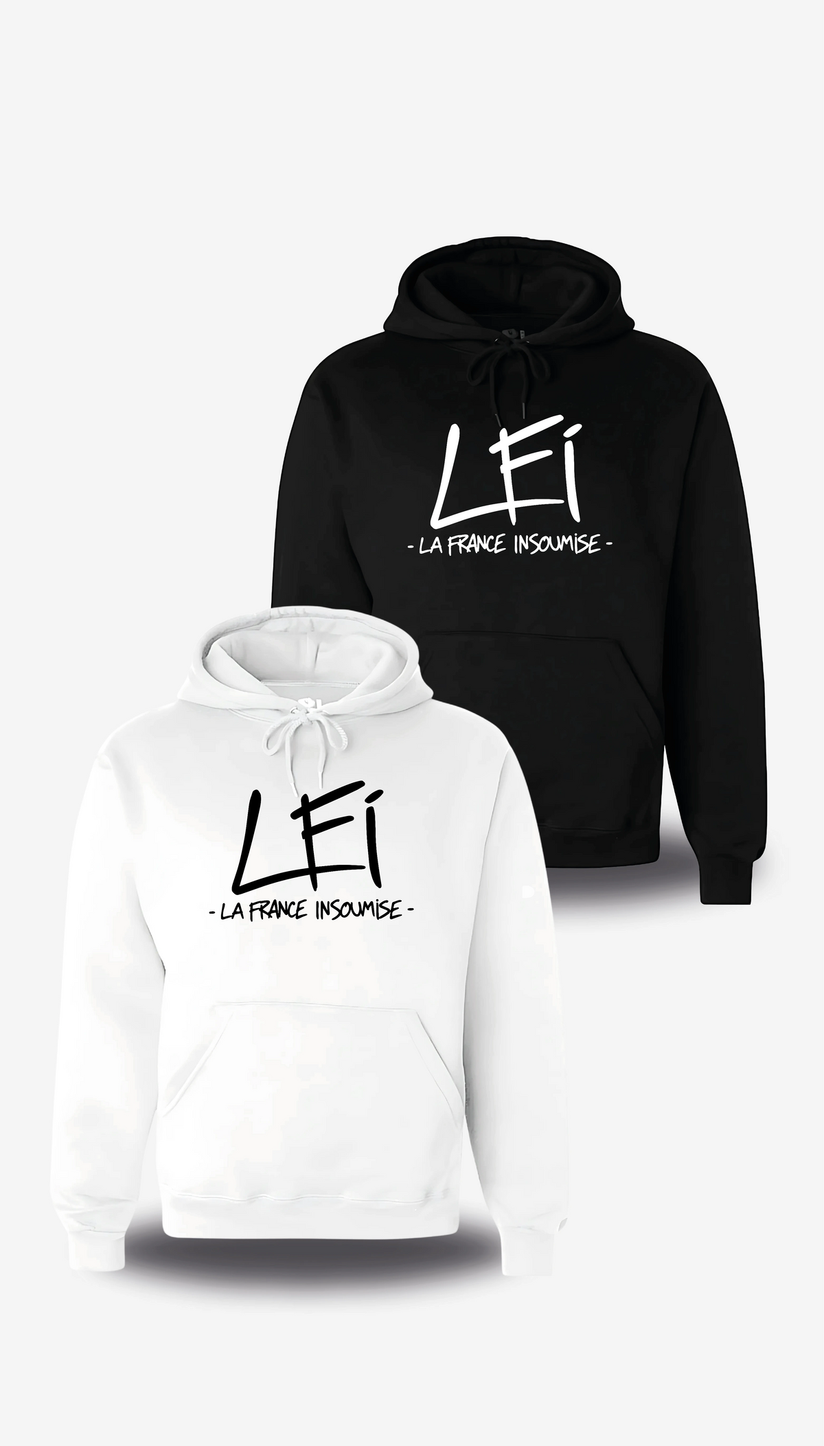 Sweatshirt à capuche « LFI - La France Insoumise » en blanc et noir, vus de face, design politique et election