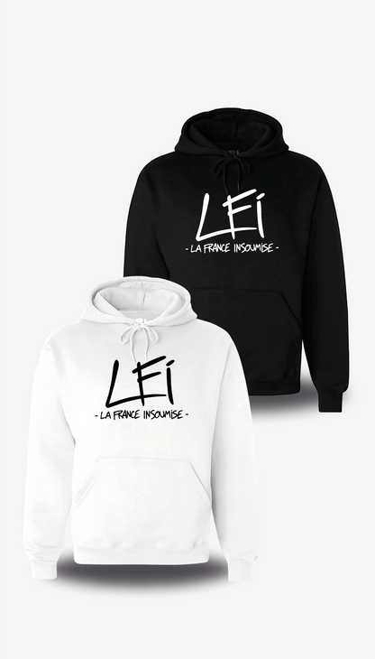 Sweatshirt à capuche « LFI - La France Insoumise » en blanc et noir, vus de face, design politique et election