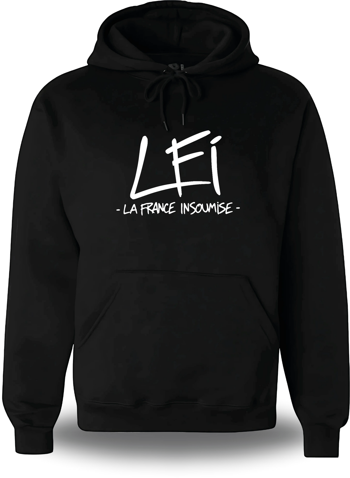 Sweatshirt à capuche noir « LFI - La France Insoumise » vu de face, design politique et election