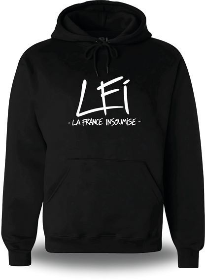 Sweatshirt à capuche noir « LFI - La France Insoumise » vu de face, design politique et election