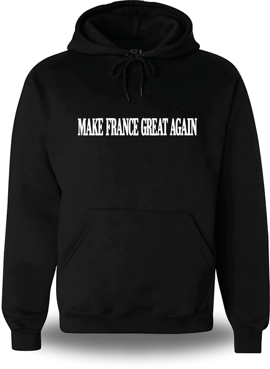Felpa con cappuccio nera «Make France Great Again», vista frontale, design a tema politica, punchline, elezioni e great again