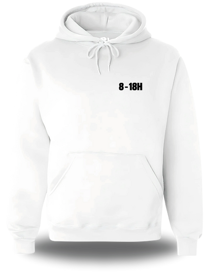 Sweatshirt à capuche blanc Manifestation Lycée 8h 18h Plus Le Temps De Se Br vu de face, design humour, communauté, politique