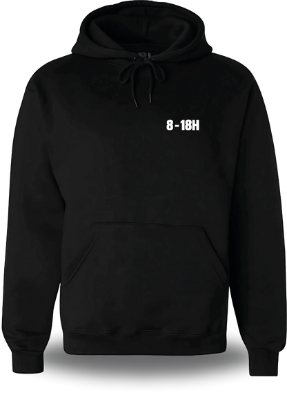 Sweatshirt à capuche noir Manifestation Lycée 8h 18h Plus Le Temps De Se Br vu de face, design humour, communauté, politique