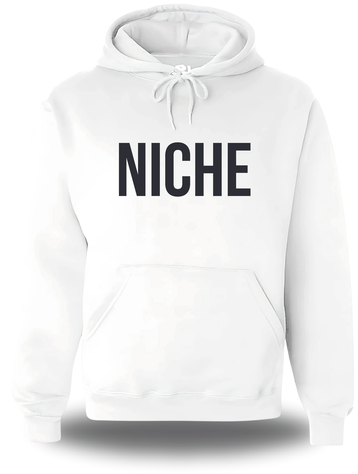 Sweatshirt à capuche blanc « Niche » vu de face, design geek culture et mème