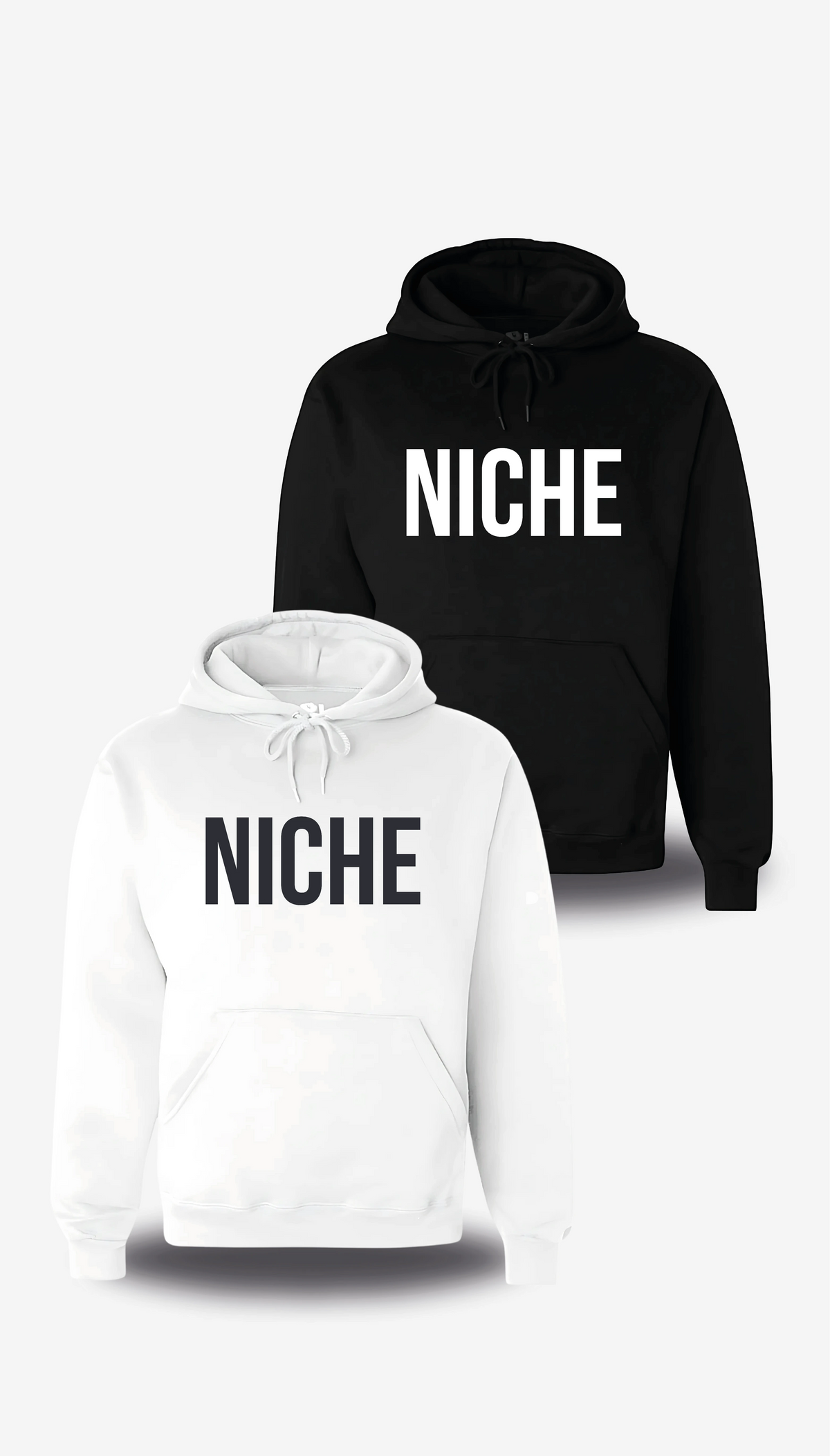 Sweatshirt à capuche « Niche » en blanc et noir, vus de face, design geek culture et mème