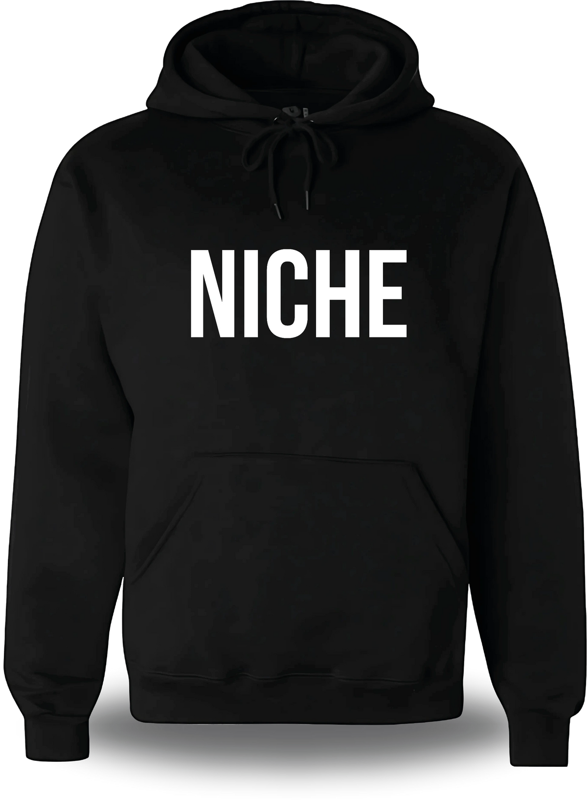 Sweatshirt à capuche noir « Niche » vu de face, design geek culture et mème