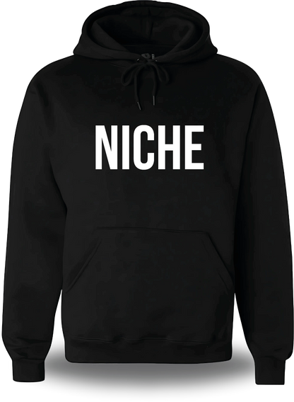 Sweatshirt à capuche noir « Niche » vu de face, design geek culture et mème