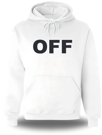 Sweatshirt à capuche blanc Off vu de face, design humour, Pull Off, dimanches, famille