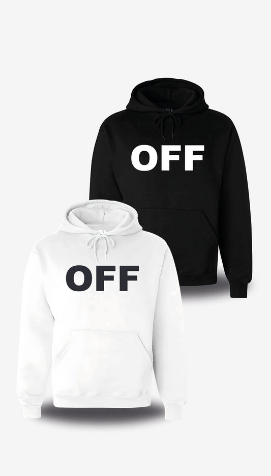 Sudadera con capucha «Off», en blanco y negro, vista frontal, diseño de humor, domingos y familia