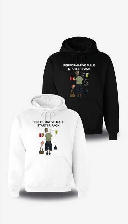 Hoodie “Performative Male Starter Pack”, in white and black, front view, humor and meme design