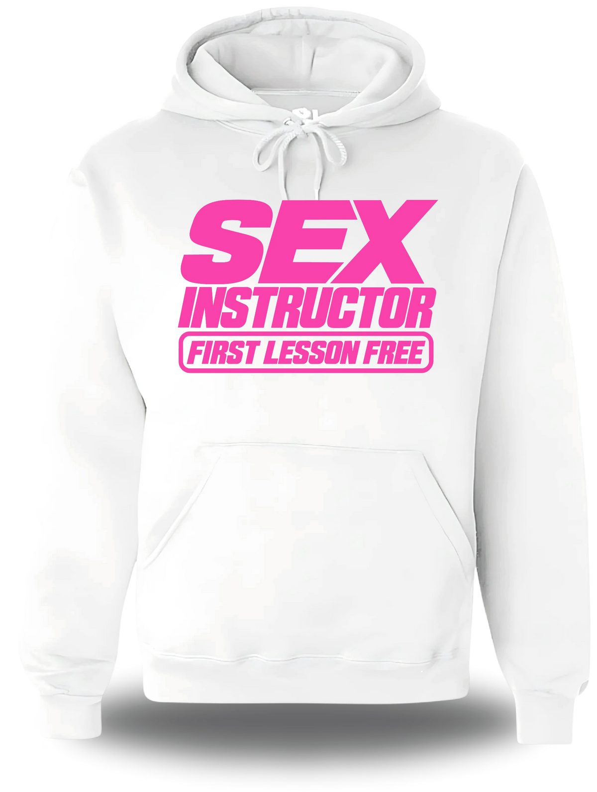 Sweatshirt à capuche blanc Sex Instructor vu de face, design humour, humour beauf, amour, sexe