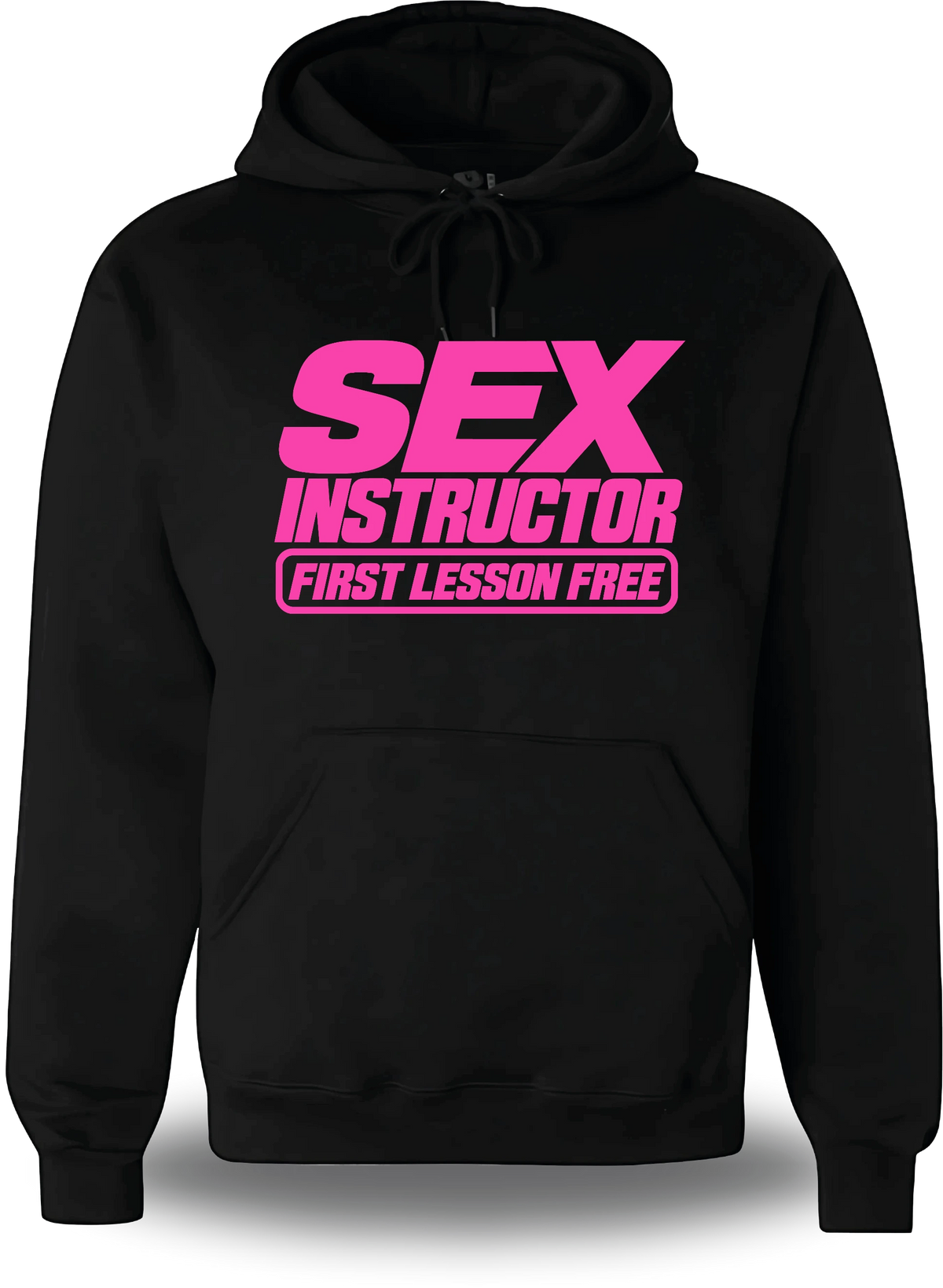 Sweatshirt à capuche noir Sex Instructor vu de face, design humour, humour beauf, amour, sexe