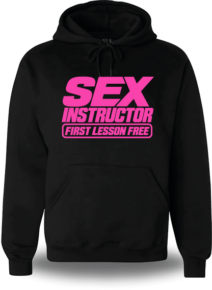 Sweatshirt à capuche noir Sex Instructor vu de face, design humour, humour beauf, amour, sexe