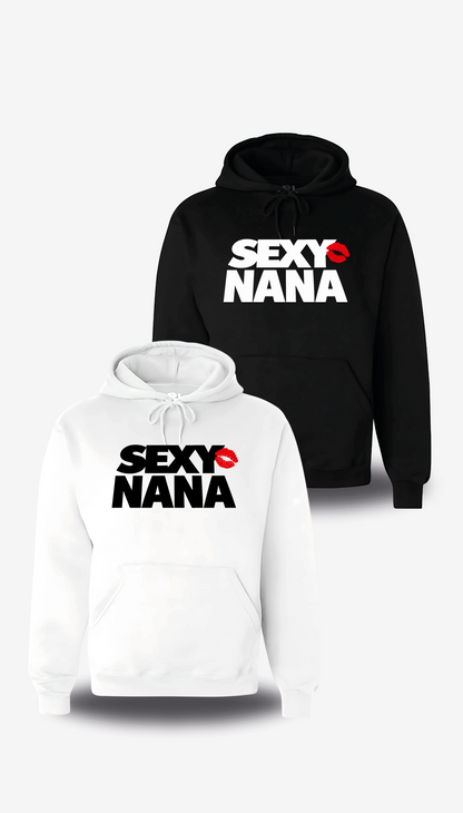 Sweatshirt à capuche Sexy Nana en blanc et noir, vus de face, design humour beauf, punch, musique, Sweatshirt Sexy Nana