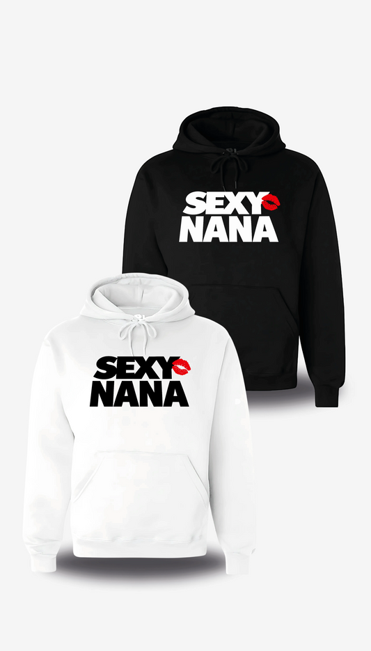 Felpa con cappuccio «Sexy Nana», in bianco e nero, vista frontale, design a tema umorismo trash, punchline e musica