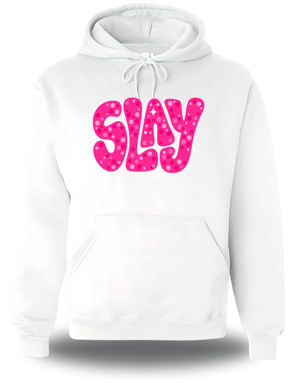 Sweatshirt à capuche blanc Slay Rose vu de face, design humour, Slay Rose, assument