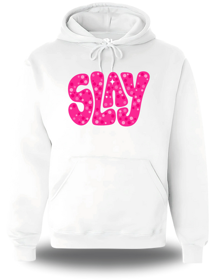 Sweatshirt à capuche blanc Slay Rose vu de face, design humour, Slay Rose, assument