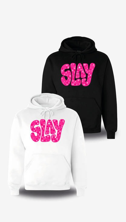 Sweatshirt à capuche Slay Rose en blanc et noir, vus de face, design humour, Slay Rose, assument