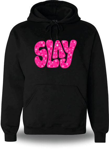 Sweatshirt à capuche noir Slay Rose vu de face, design humour, Slay Rose, assument