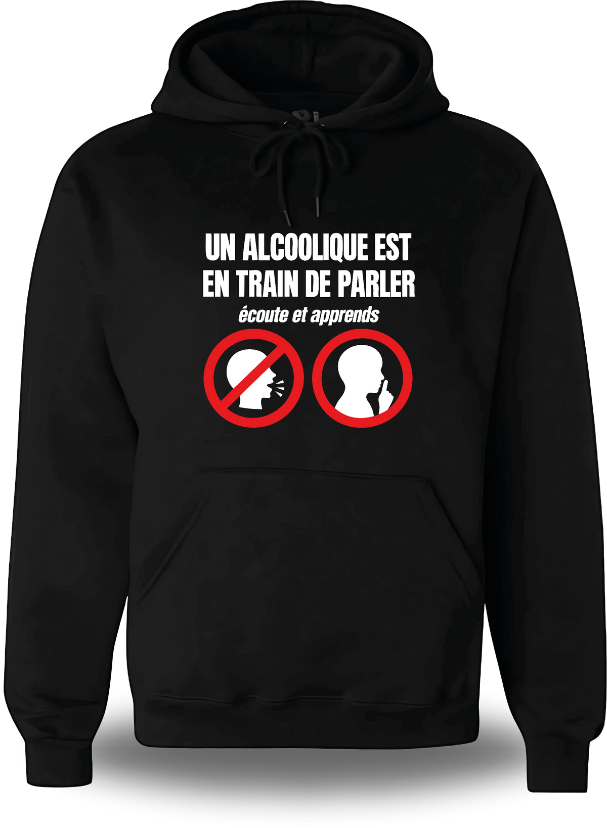 Sweatshirt à capuche noir Un Alcoolique Est En Train De Parler vu de face, design humour beauf, alcool, bière, Alcoolique Est