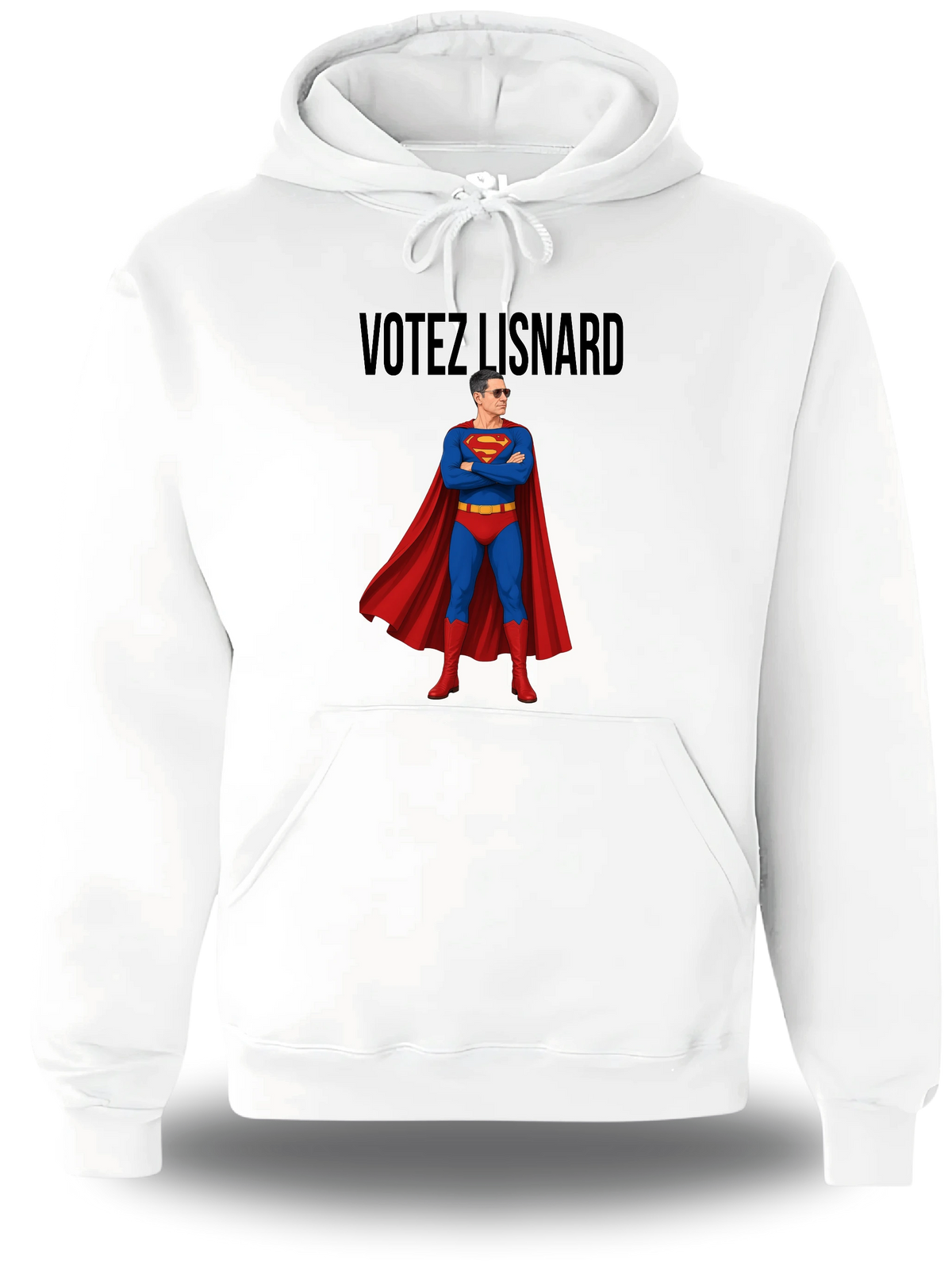 Sweatshirt à capuche blanc « Votez Lisnard Superman » vu de face, design politique et élection